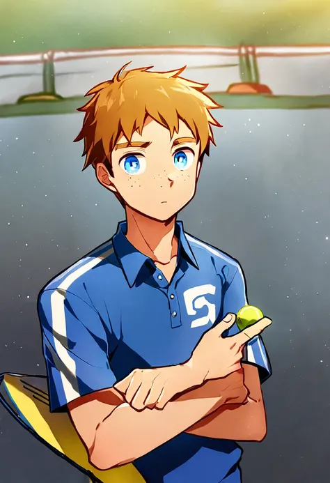 13-year-old boy, Scrawny, slightly athletic, Light brown bun hair, short and slightly wavy, shining blue eyes, fair skin with freckles, blue t-shirt with game symbol, jeans escuros, tennis, friendly, outgoing, curious, adventurous, Expressive, incredible q...