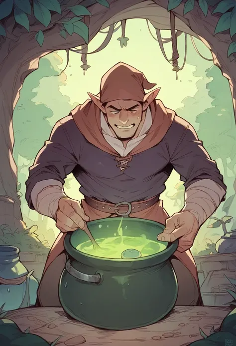 A wizard man, doing magic in the forest in a cauldron 