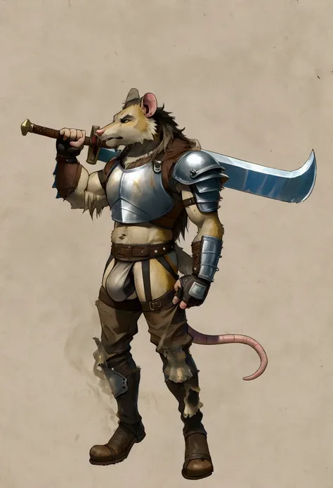 Solo Sexy young anthro furry rat male mercenary medieval solider, slim slim muscular, anthro handsome gay shorter muzzle, handsome gay model male apperance, sword scars, worn out leather skimpy armament, low on hips heavy leather belt, old very worn out sk...