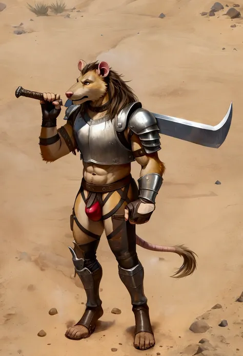 Solo Sexy young anthro furry rat male mercenary medieval solider, slim slim muscular, anthro handsome gay shorter muzzle, handsome gay model male apperance, sword scars, worn out leather skimpy armament, low on hips heavy leather belt, old very worn out sk...