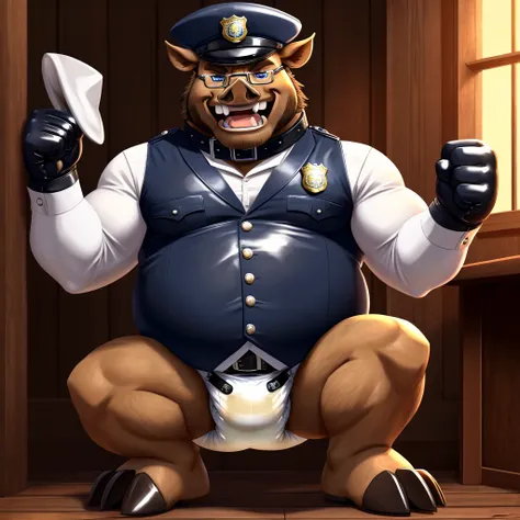 Solo, Male, fat, squatting, extremely obese, gentleman, dapper Boar, pooping in diaper, blue eyes, (soft shading), 4k, hi res, ((detailed face, detailed)), looking at viewer, evil grin, police station, collared shirt with buttons, hat, male focus, Police U...