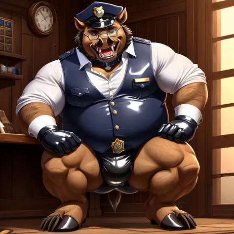 Solo, Male, fat, squatting, extremely obese, gentleman, dapper Boar, pooping in diaper, blue eyes, (soft shading), 4k, hi res, ((detailed face, detailed)), looking at viewer, evil grin, police station, collared shirt with buttons, hat, male focus, Police U...