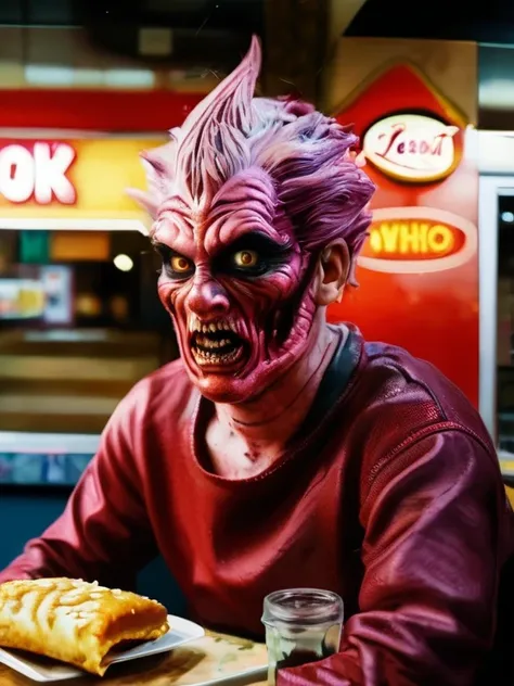 fleshmutant bodyhorror working at a fast food restaurant,close up,, true to life, HDR image,High detail resolution,soft eyes,natural skin,high detailed face,high detailed cloth,film photography,vintage,cinematic lighting,realistic,sharp focus,(very detaile...