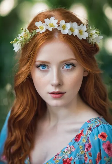 Red-haired girl with bright blue eyes and fair skin and flowery dress 