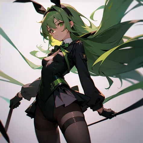 1girl, solo, long hair, breasts, looking at viewer, bangs, skirt, gloves, long sleeves, ribbon, hair between eyes, closed mouth, green eyes, hair ribbon, pantyhose, cowboy shot, hairband, small breasts, green hair, black gloves, black skirt, leotard, black...