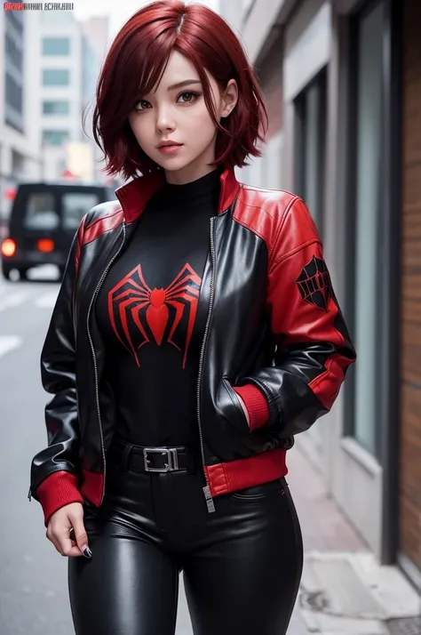 Create a girl Ia, she wears black tight pants and a jacket and has short red hair and she has a black Spiderman shirt, she is from comics and is beautiful and busty