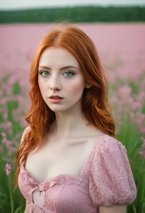 Red-haired girl with green eyes fair skin in pink dress in a field