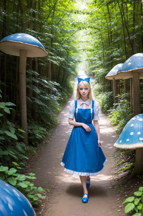 A blonde with blue eyes in a blue dress , with a white apron and a blue bow in her hair,  walking through an enchanted forest, with giant mushrooms and beautiful flowers, heading towards a red and white castle 