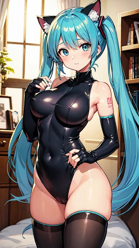 Hatsune Miku VOCALOID、Big Tits、((Sexy Leotard))、Cat ear、Long gloves、Black Stockings、Bedroom、blush、Tabletop、Exquisite design、Visual Arts、Concept Artist、Five Fingers, Perfect body, {{{masterpiece}}}, {{{Highest quality}}}, {{Very detailed}}, {shape}, {{Very ...