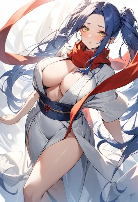 Beautiful woman, Very sexy body, Large breasts with beautiful detailed shapes, (One very tall woman,Navy Blue Hair,Her hairstyle is twin tails that expose her forehead.,yellow eyes,Dynamic Angle)White kimono、Wear a long red scarf around your neck