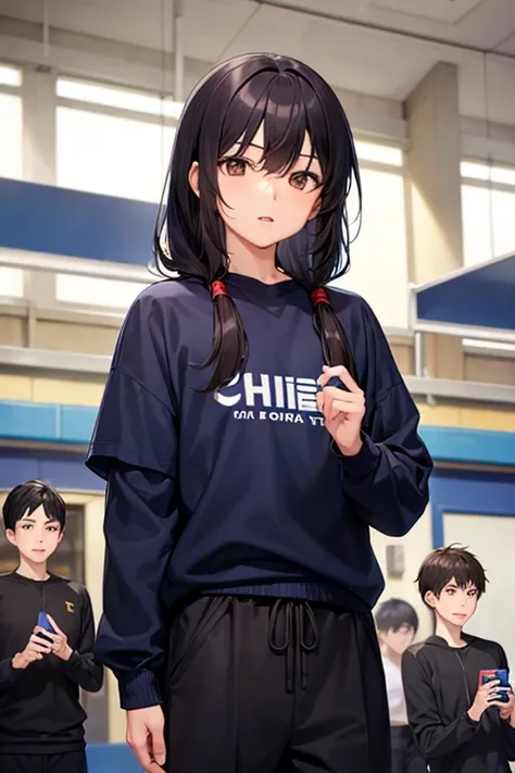 Chinese hair teenager, king, brown eyes, wide lips, with pants and navy blue sweatshirt, that he is in the high school volleyball gym