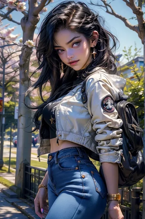 obra-prima, melhor qualidade, 1 garota, sorriso, A 15-year-old girl with black cat ears and black hair, walking through a beautiful park filled with cherry blossom trees, (nevando) (( cabelo preto)), use casaco jeans, ((cabelo longo)), ((lado direito)), ro...