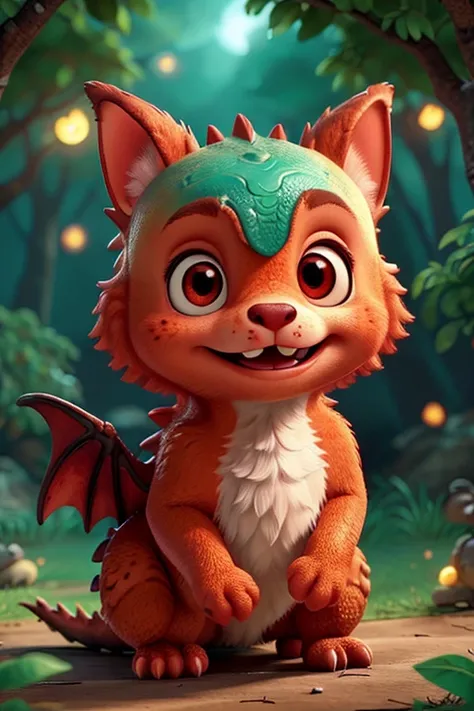 draw a baby dragon, rot, fluffly ,charismatic, that pleases babies with big eyes, at night under a tree, full of fireflies around, clearly telling something in the first image and hearing something in the next