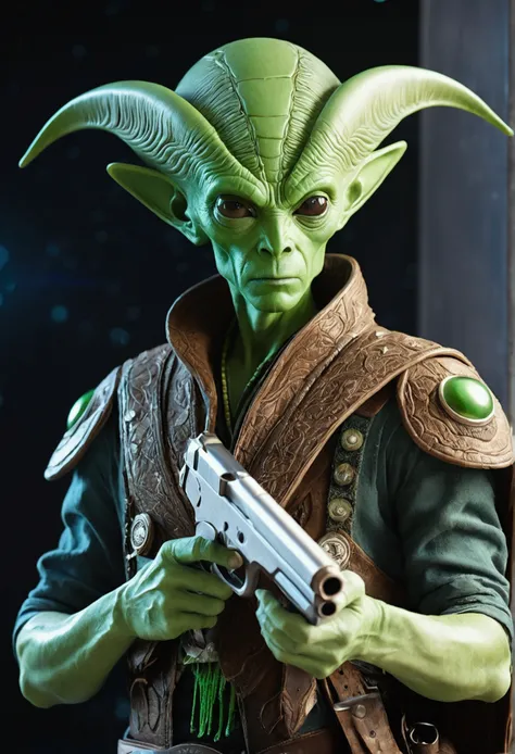 male alien with leaf hair and green skin, space style, wearing far western clothes. holding a pistol
