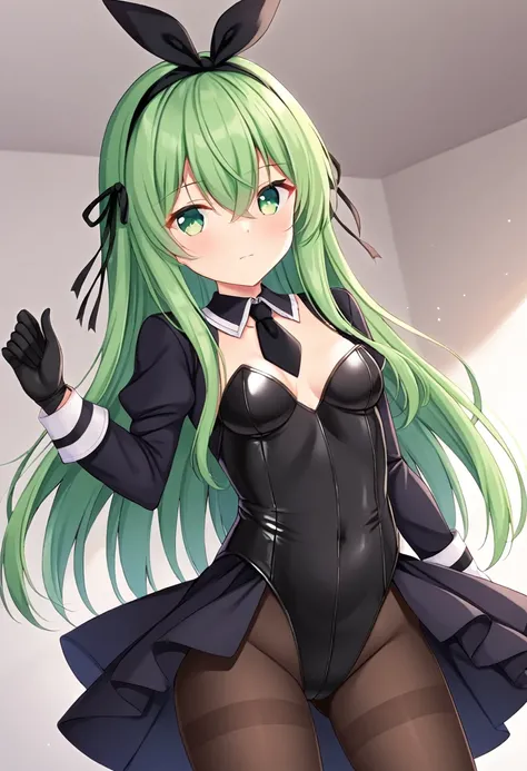 1girl, solo, long hair, breasts, looking at viewer, bangs, skirt, gloves, long sleeves, ribbon, hair between eyes, closed mouth, green eyes, hair ribbon, pantyhose, cowboy shot, hairband, small breasts, green hair, black gloves, black skirt, leotard, black...