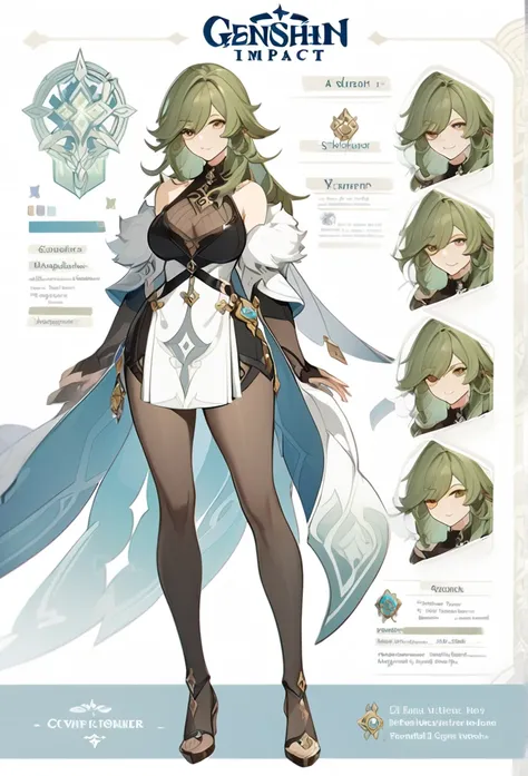 Genshin impact, genshin impact outfit, large breast, standing, character sheet, white backgound, bare shoulders, fur mantle, long hair, 
slender legs, milf, adult, 