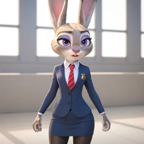 judyhopps, purple eyes, rabbit, rabbit ears, rabbit girl, (((skirt suit))), (((three-piece suit))), (((dress shirt))), (((neckti...