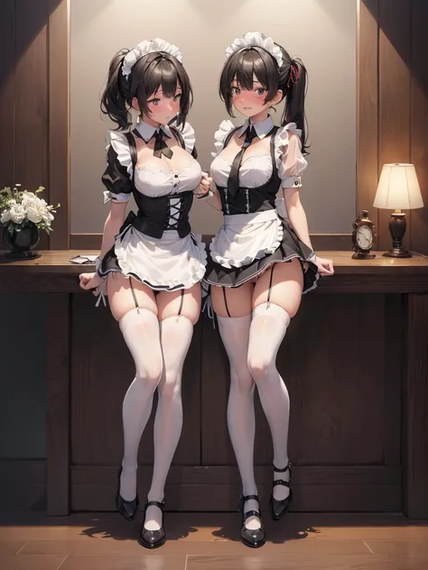 masterpiece, best quality, ultra-detailed, extremely detailed, perfect anatomy, anime style, 4K, 8K,
(2girls, cute two girls, toned, pet collar:1.4),
(full-face blush, embarrassed:1.4),
bedroom, (maid, white shirt, mini skirt:1.6), (zettai ryouiki, side-ti...