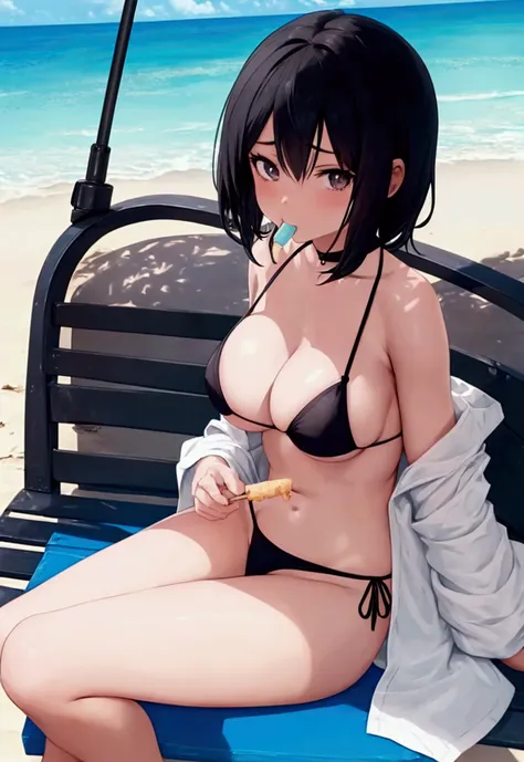 Anime girl with short white hair, wearing a sexy black mini bikini, laying down on a beach and eating an ice cream on a sunny summer day, photographed from a low camera angle, surrounded by a stunning landscape.
