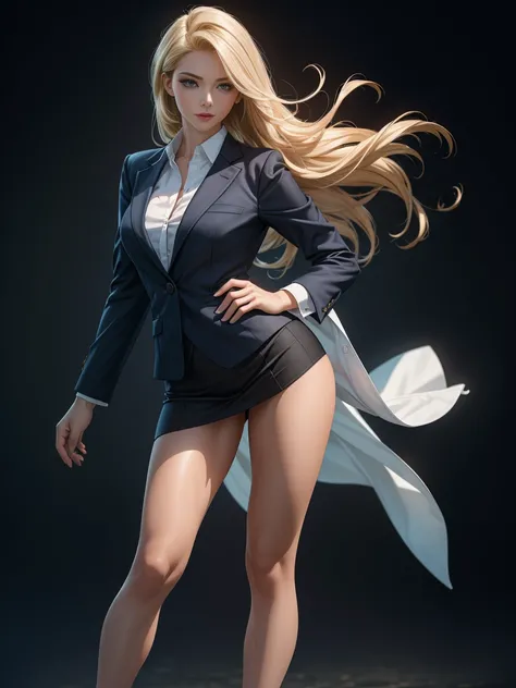 (Best quality,ultra detailed,photorealistic:1.37), bright and rich colors, studio lighting, playful facial expression, stylish makeup ,(business jacket),Blonde hair blowing in the wind, inviting eyes, sexy pose, posing for a professional photo shoot, shall...