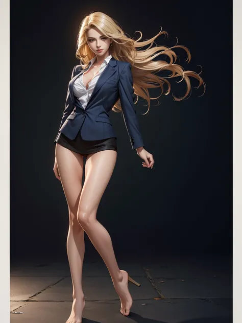 (Best quality,ultra detailed,photorealistic:1.37), bright and rich colors, studio lighting, playful facial expression, stylish makeup ,(business jacket),Blonde hair blowing in the wind, inviting eyes, sexy pose, posing for a professional photo shoot, shall...