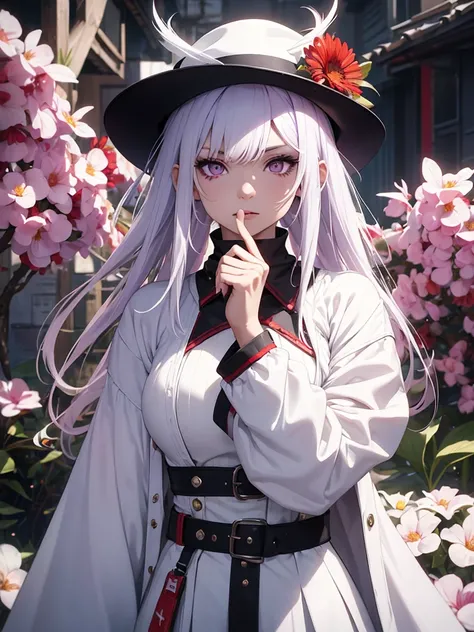 One from Free Fire with white clothes, purple eyes, bright white hair, a very red mouth, a well-made nose, with brim accessories, a fringe, behind her, there are lots of black and white flowers.
