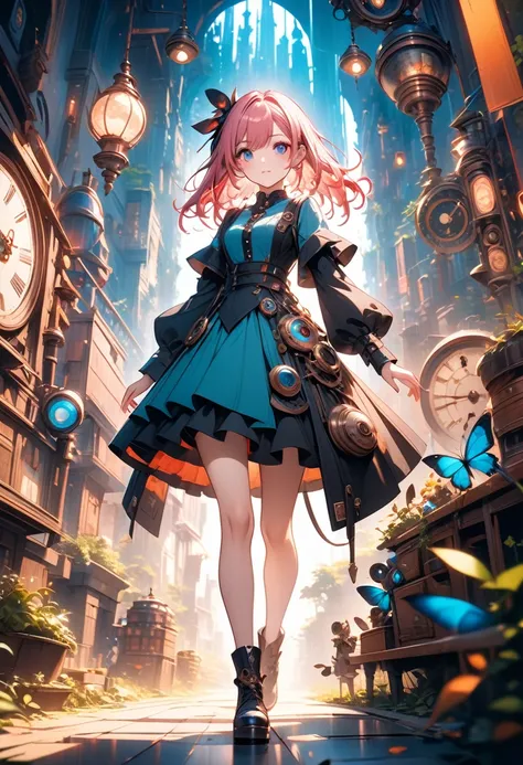 1girl, fullbody,pink hair, heterchromia, dress, Exotic, Mysterious, Original, Magical, Avant-garde, Steampunk, asymmetry, ultra detailed background,, illustration, vibrant colors, intricate details, 8k wallpaper, (Depth of field, cinematic angle, cinematic...