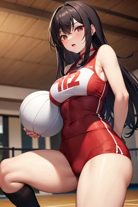 Chinese hair teenager, king, brown eyes, wide lips, with lycra shorts with a tight-fitting sleeveless shirt with a volleyball ball, that he is in the high school volleyball gym, with wide breasts