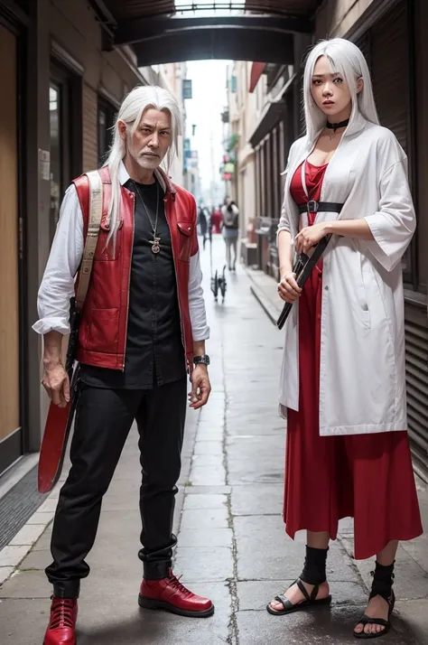 Characters wearing travel clothes white hair with a machete and full body red eyes 