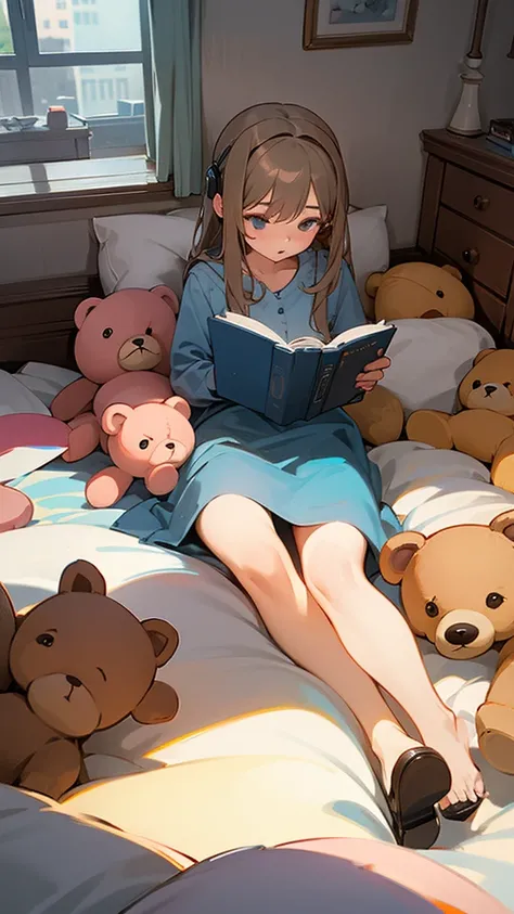 A girl listened to music, room full of drawings, teddy bears in bed,  reading a book, Dog on the ground 