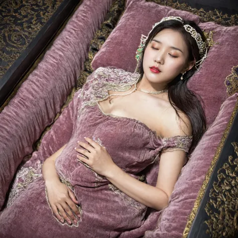 In a striking 8K HDR scene, a stunning Korean woman, 22 years old, lies peacefully in a black coffin surrounded by plush pillows. The deep box is set against a rich black background, accentuating the beauty of the subject. Her exquisite cheongsam attire is...