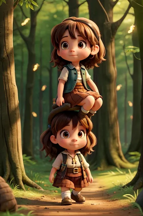 a dwarf girl, walking into the forest, the girl is on top of a groundhog, there are fireflies