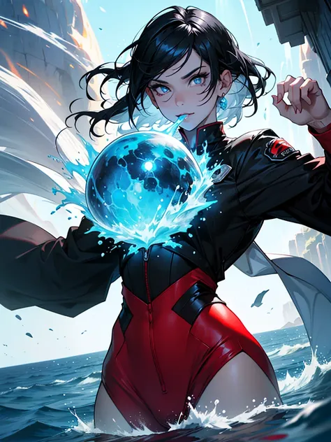 One with black blue hair, white hair, eyes, a better mouth, a red nose, a beautiful black outfit, behind her there is fire and water, she has the power of fire and water 