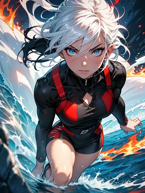 One with black blue hair, white hair, eyes, a better mouth, a red nose, a beautiful black outfit, behind her there is fire and water, she has the power of fire and water 