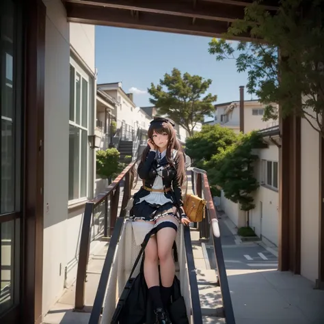 There is a woman sitting on the stairs with her bag., Anime Girl Cosplay, Kantai Collection Style, Ayaka Cosplay, Cosplay Photo, Shot with a Canon 5D Mark II, Photo taken with Sony a7r, Inspired by Tsubasa Nakai, Mayuri Shiina from Stein&#39;s Gate, Shot w...