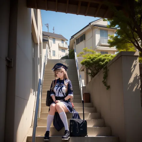 There is a woman sitting on the stairs with her bag., Anime Girl Cosplay, Kantai Collection Style, Ayaka Cosplay, Cosplay Photo, Shot with a Canon 5D Mark II, Photo taken with Sony a7r, Inspired by Tsubasa Nakai, Mayuri Shiina from Stein&#39;s Gate, Shot w...