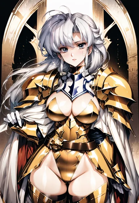 ((highest quality)), ((masterpiece)), ((hyperrealistic)), (detailed background), 1girl, ((curvy: 1.2)), Langrisser, ((gold lamé leotard: 1.5)), ((catsuit)), ((white paladin armor: 1.3)), ((long skirt)), ((armored dress)), cloak de cour, gauntlet, gloves, b...