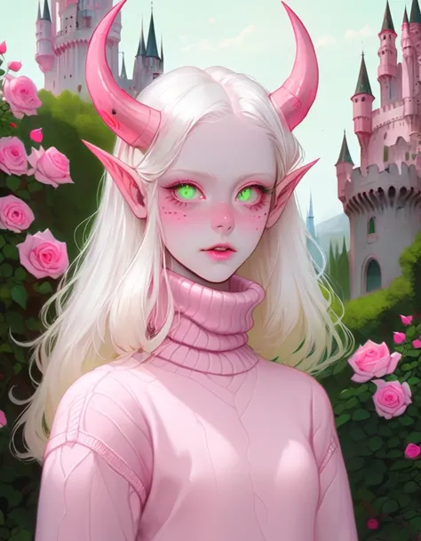 Albino demon girl standing, (eyes large, The eyes are delicate and beautiful, beautiful and delicate face, details on the face), ( Green curls:1.3) , Walk through pink rose bushes and the castle in the distance, Pink turtleneck sweater with tulle skirt, or...