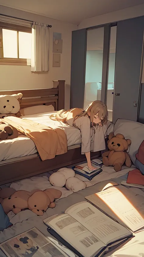 A girl listened to music, room full of drawings, teddy bears in bed,  reading a book, Dog on the ground 