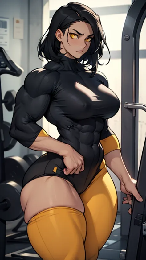 wide hips curvy thick thighs voluptuous large breasts muscular toned body bodybuilder black hair pale skin yellow eyes skintight expressionless sad sad