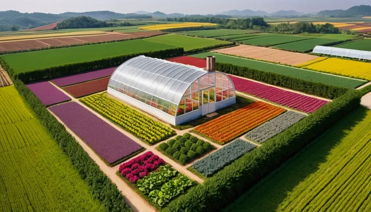 (Close-up top down panorama of Chinese farmland with modern agricultural white greenhouse，Fantastic Chinese rural countryside)，Modern vegetable stove, Farmland is beautifully rendered，rural landscape，It is vividly portrayed in the work (best qualityer, 8k,...