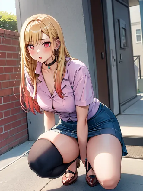 nurse, nurse, Kitagawa Marine, 1girl, blonde hair, long hair, multicolored hair, red eyes, jewelry, earrings, piercing, black choker, skirt lift, panty shot, Squatting, blush, lure, Alley