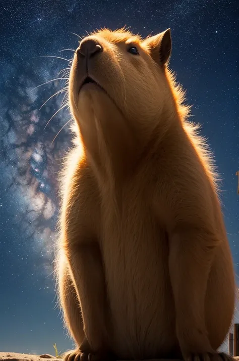 Raise a capybara looking at a starry sky