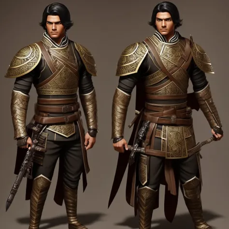 Create a muscular swordsman boy, attractive, black hair with Mexican features with brown skin, a military suit inspired by pre-Hispanic clothing. All in a style as if it were a genshin impact character 