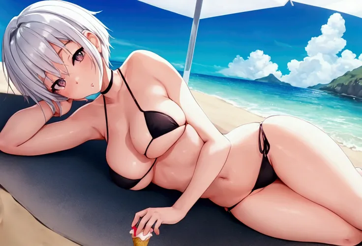 Anime girl with short white hair, wearing a sexy black mini bikini, laying down on a beach and eating an ice cream on a sunny summer day, photographed from a low camera angle, surrounded by a stunning landscape.
