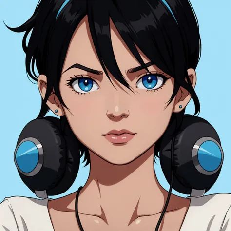 marshall adventure timehigh resolution, short hair, black hair, hair between eyes, blue eyes, simple background, jewelry, headphones, 