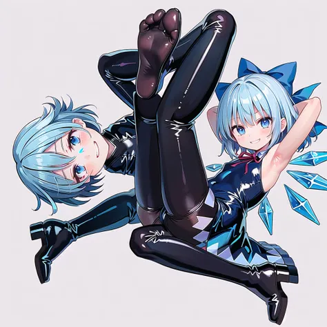 (((one girl))),(((one girl))),(((tanned cirno))), (touhou),(((short hair,blue hair))),ice wings,(((blue eyes))),(((bangs))),(((Black leather jacket))),(((blue full bodysuit))),((latex)), (shiny clothes:1.2),(((grin))),(((full body))),(((arm behind head))),...