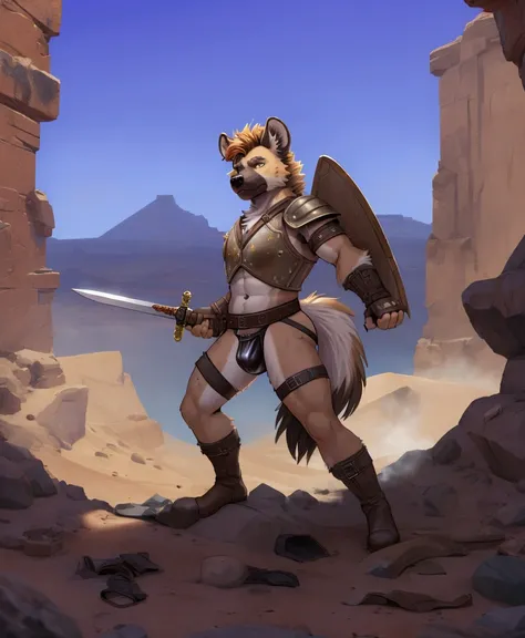 Solo Sexy young anthro furry hyena male mercenary medieval solider, slim slim muscular, anthro handsome gay shorter muzzle, handsome gay model male apperance, sword scars, worn out leather skimpy armament, low on hips heavy leather belt, old very worn out ...