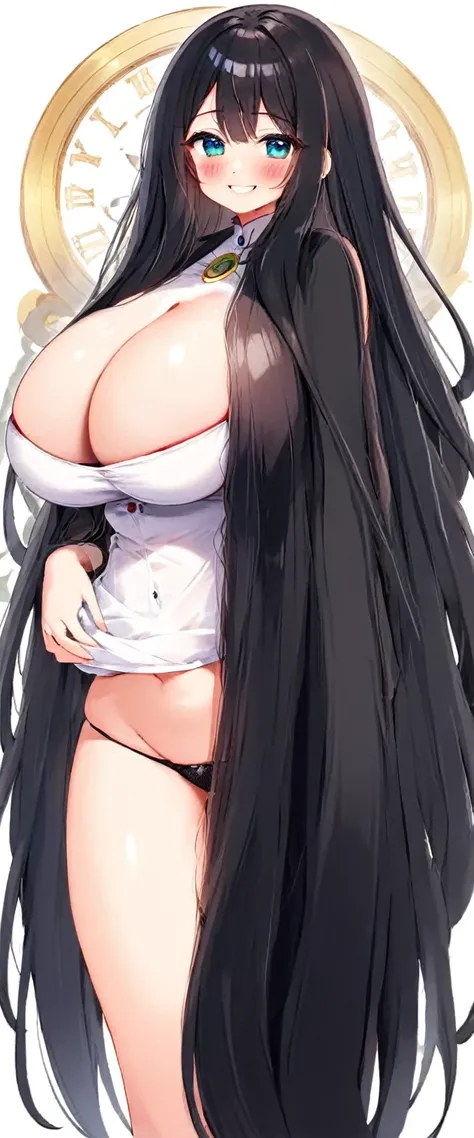 cute girl, super long hair, black hair, big hair, thick hair, big breasts, big butt, hourglass body, emphasis on hair, emphasis on eyes, emphasis on face, blush, smile, 