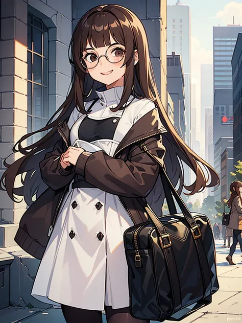 1 girl, medium construction, ((round glasses)), long brown hair, blunt bangs, Brown eyes, (((perverted smile: 1.2))),  sexy look, modern, (((contemporary))), museum background